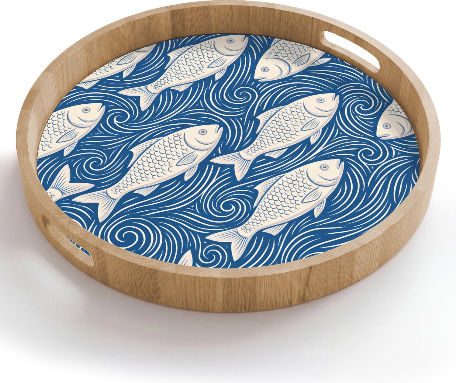 Dienblad rond 50x50 cm - Schootdienblad hout - Vis - Water - Patroon - Grafisch - Blauw - Borrelplank rechthoek - Plateau houten dienbladen