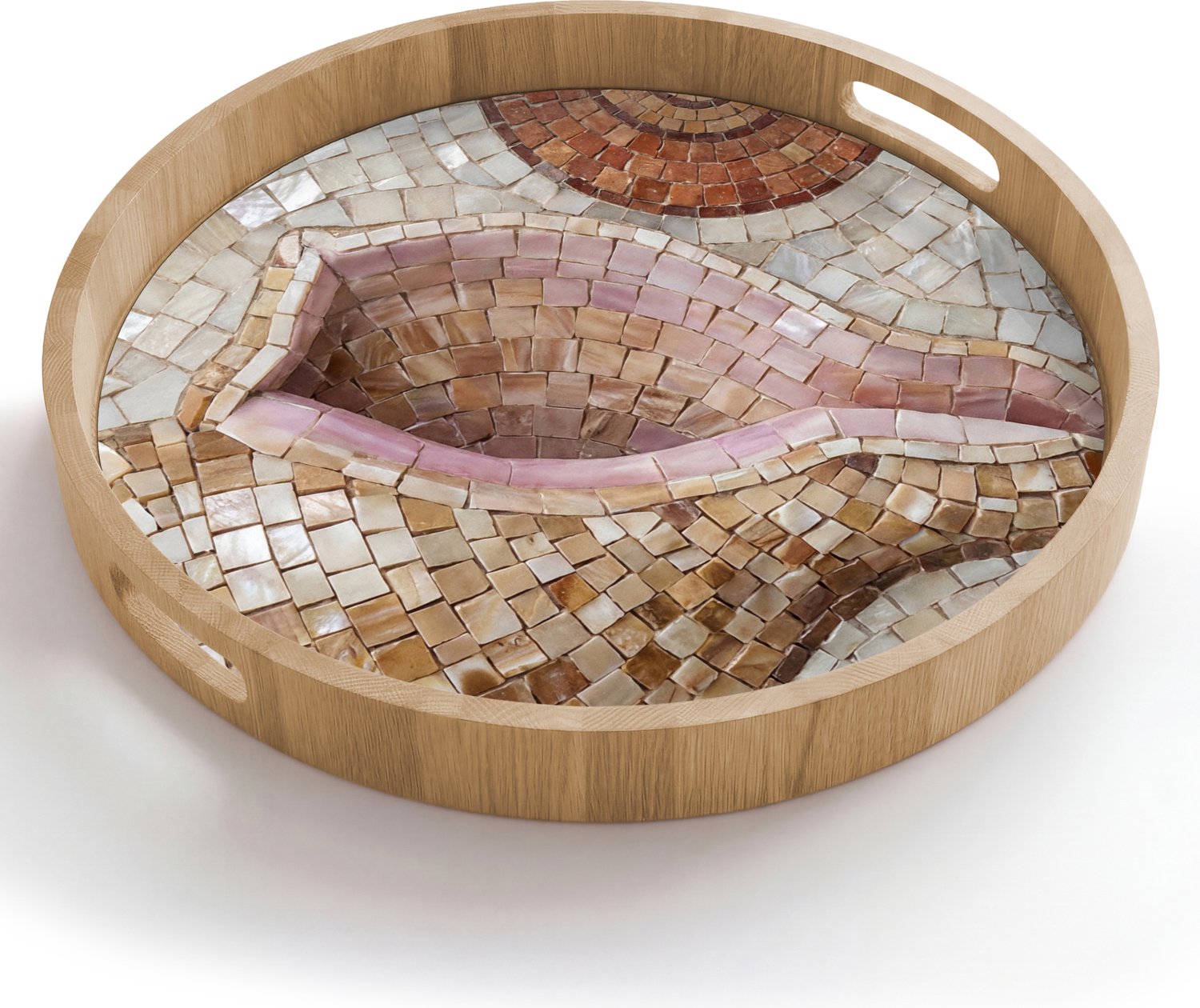 Dienblad rond 50x50 cm - Schootdienblad hout - Schelp - Mozaïek - Zee - Beige - Modern - Borrelplank rechthoek - Plateau houten dienbladen