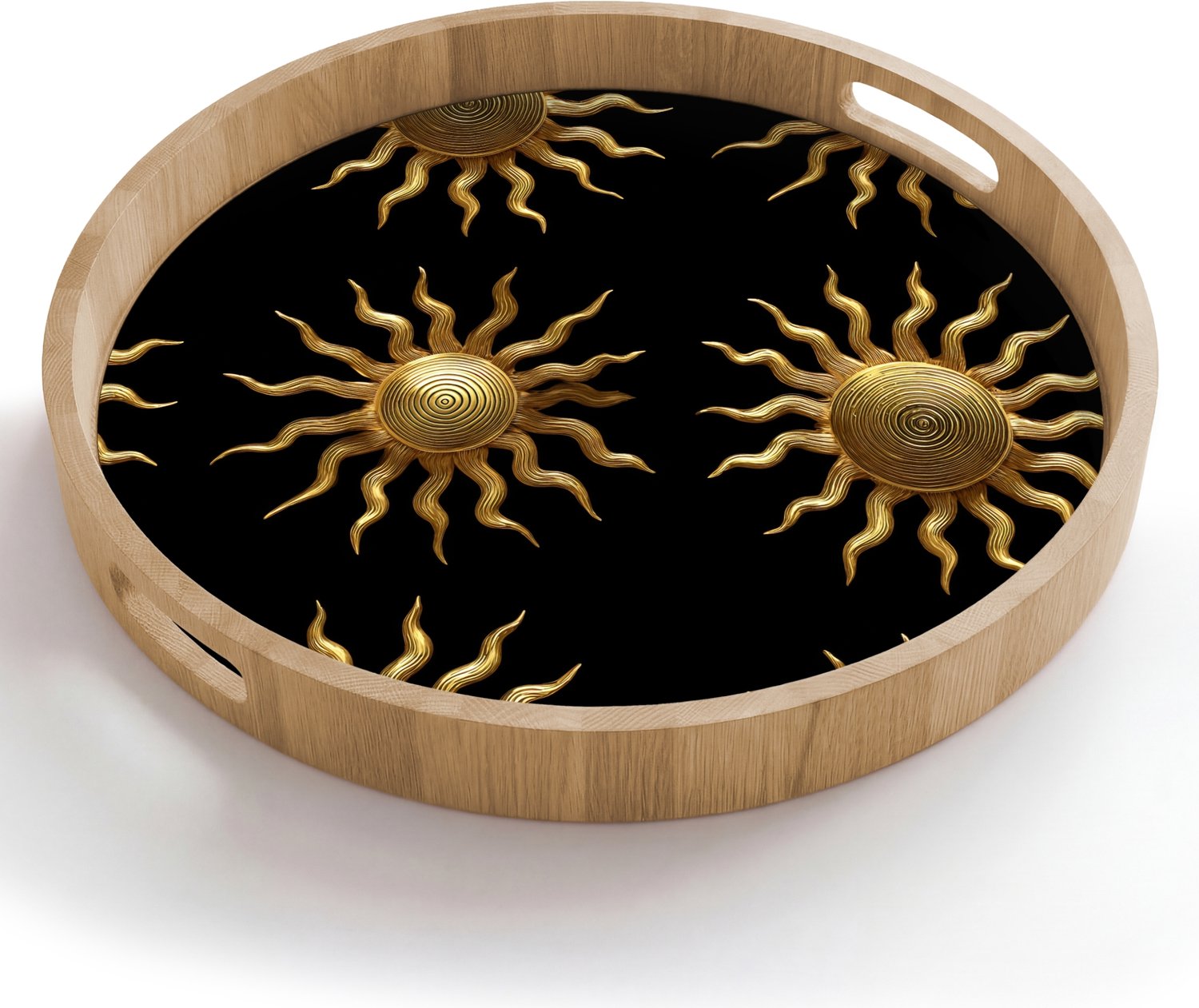 Dienblad rond 50x50 cm - Schootdienblad hout - Zon - Patroon - Luxe - Goud - Zwart - Borrelplank rechthoek - Plateau houten dienbladen