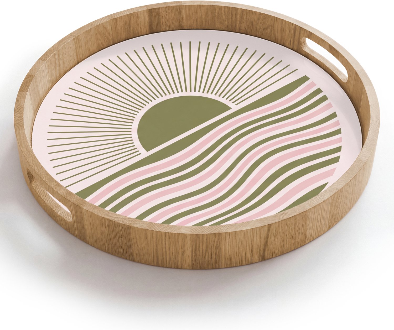 Dienblad rond 40x40 cm - Schootdienblad hout - Zon - Zee - Abstract - Modern - Roze - Borrelplank rechthoek - Plateau houten dienbladen