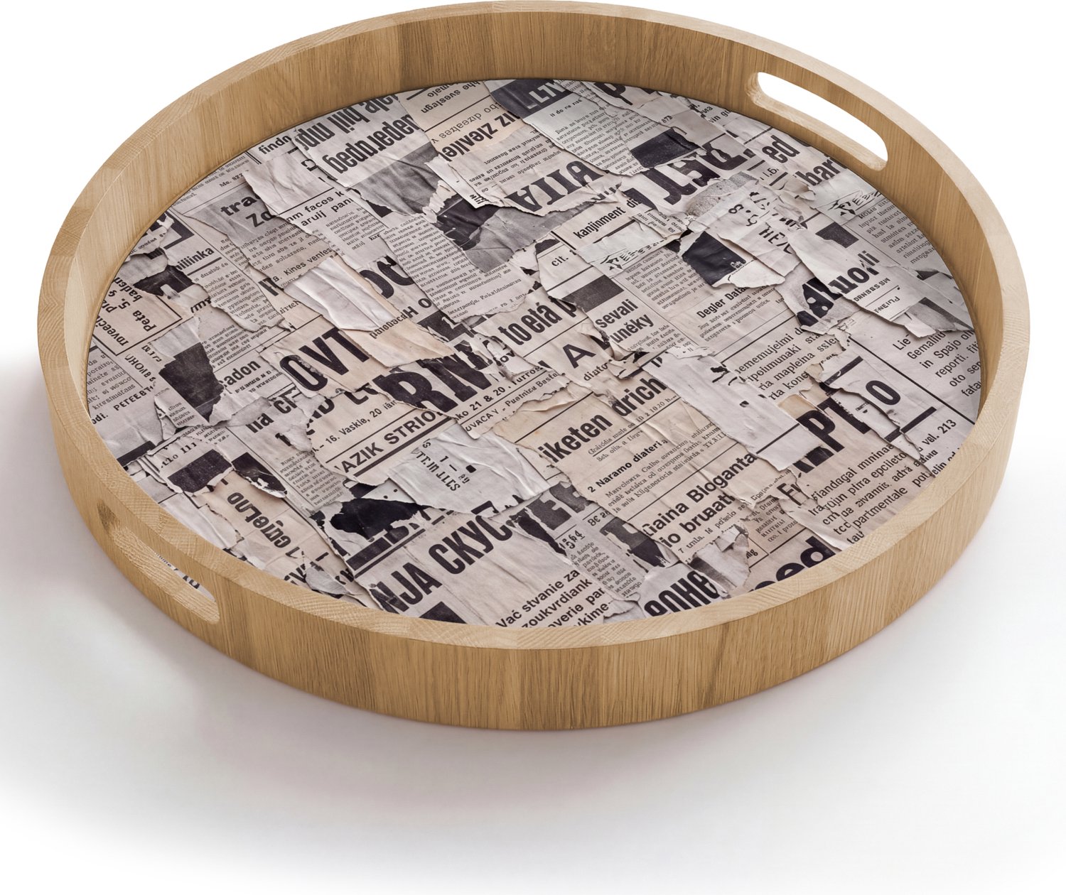 Dienblad rond 50x50 cm - Schootdienblad hout - Krant - Gescheurd - Textuur - Abstract - Zwart-wit - Borrelplank rechthoek - Plateau houten dienbladen