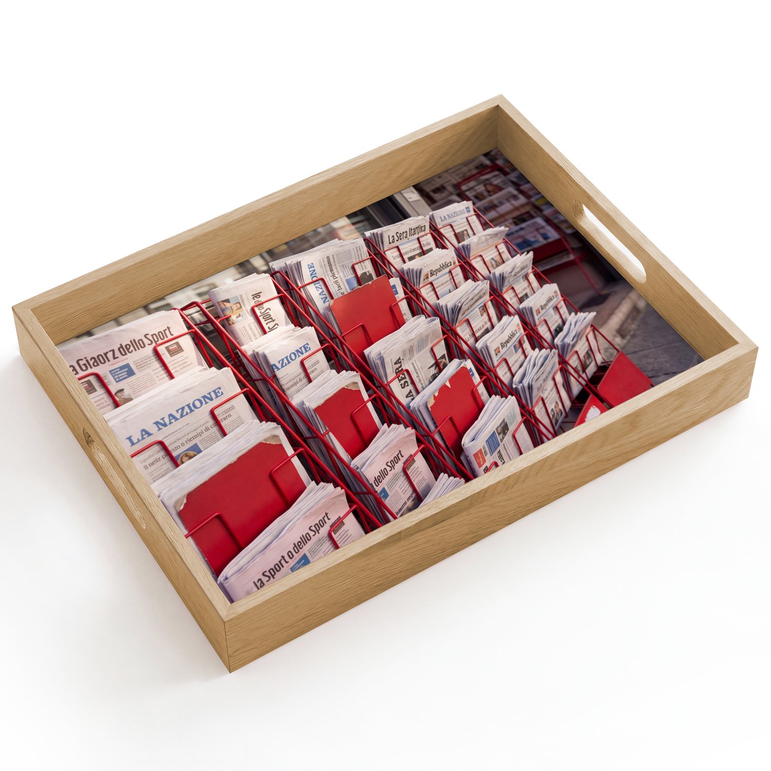 Dienblad hout 40x30 cm - Schootdienblad - Kranten - Rek - Stedelijk - Dagelijks leven - Rood - Borrelplank rechthoek - Plateau dienbladen