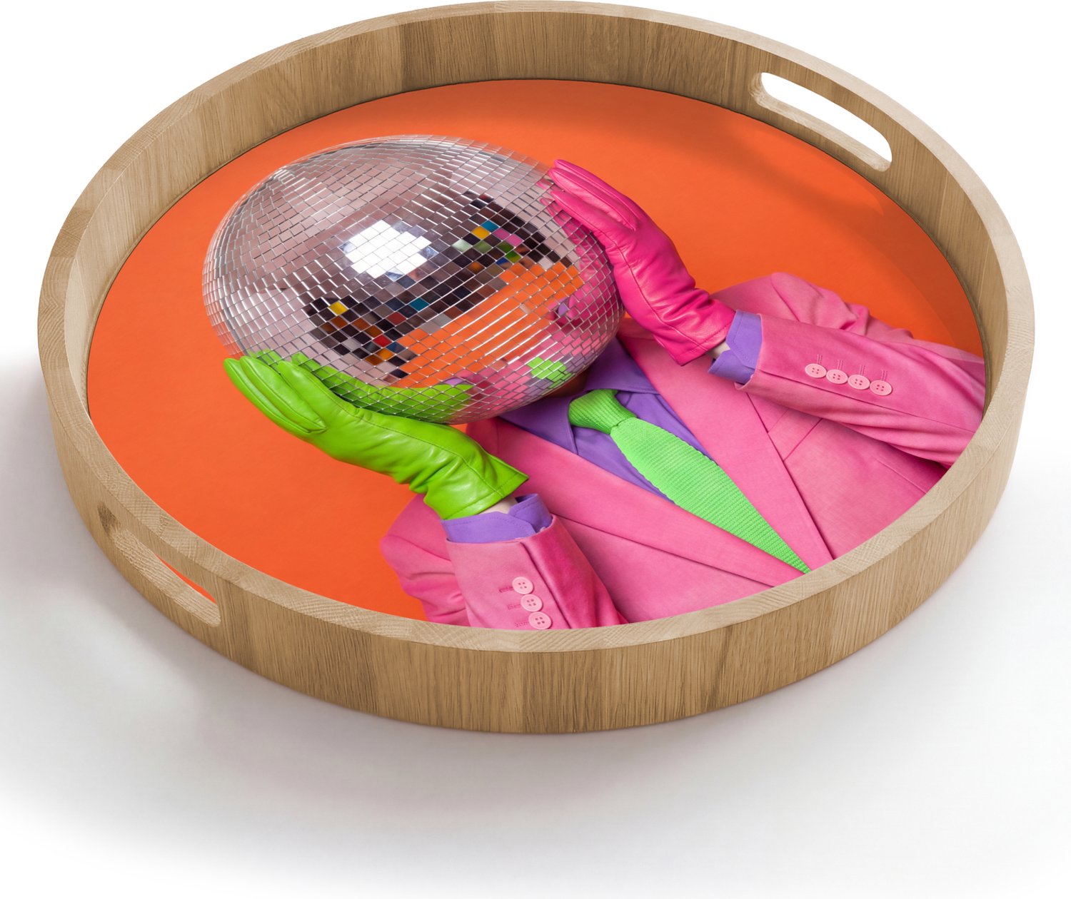 Dienblad rond 50x50 cm - Schootdienblad hout - Kunst - Disco bal - Kleurrijk - Modern - Studio - Borrelplank rechthoek - Plateau houten dienbladen