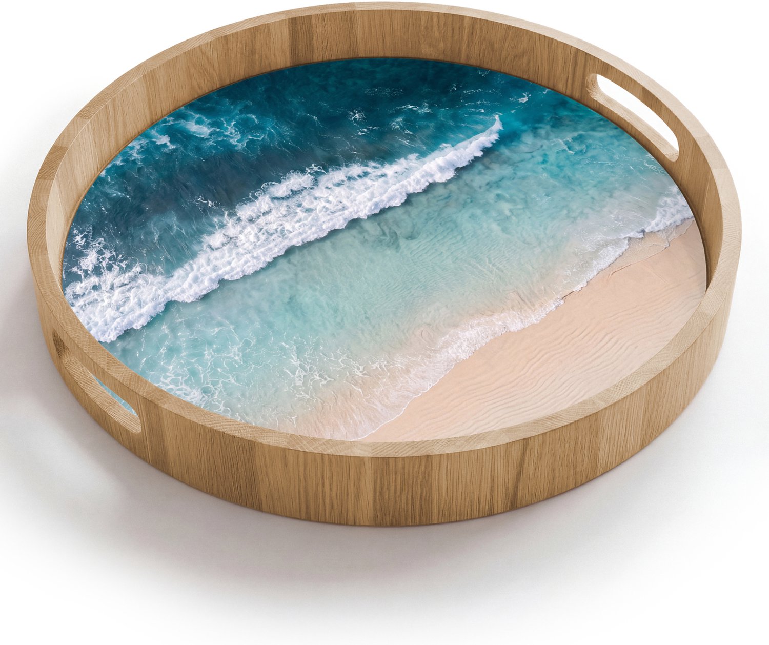 Dienblad rond 40x40 cm - Schootdienblad hout - Strand - Zee - Golven - Natuur - Blauw - Borrelplank rechthoek - Plateau houten dienbladen