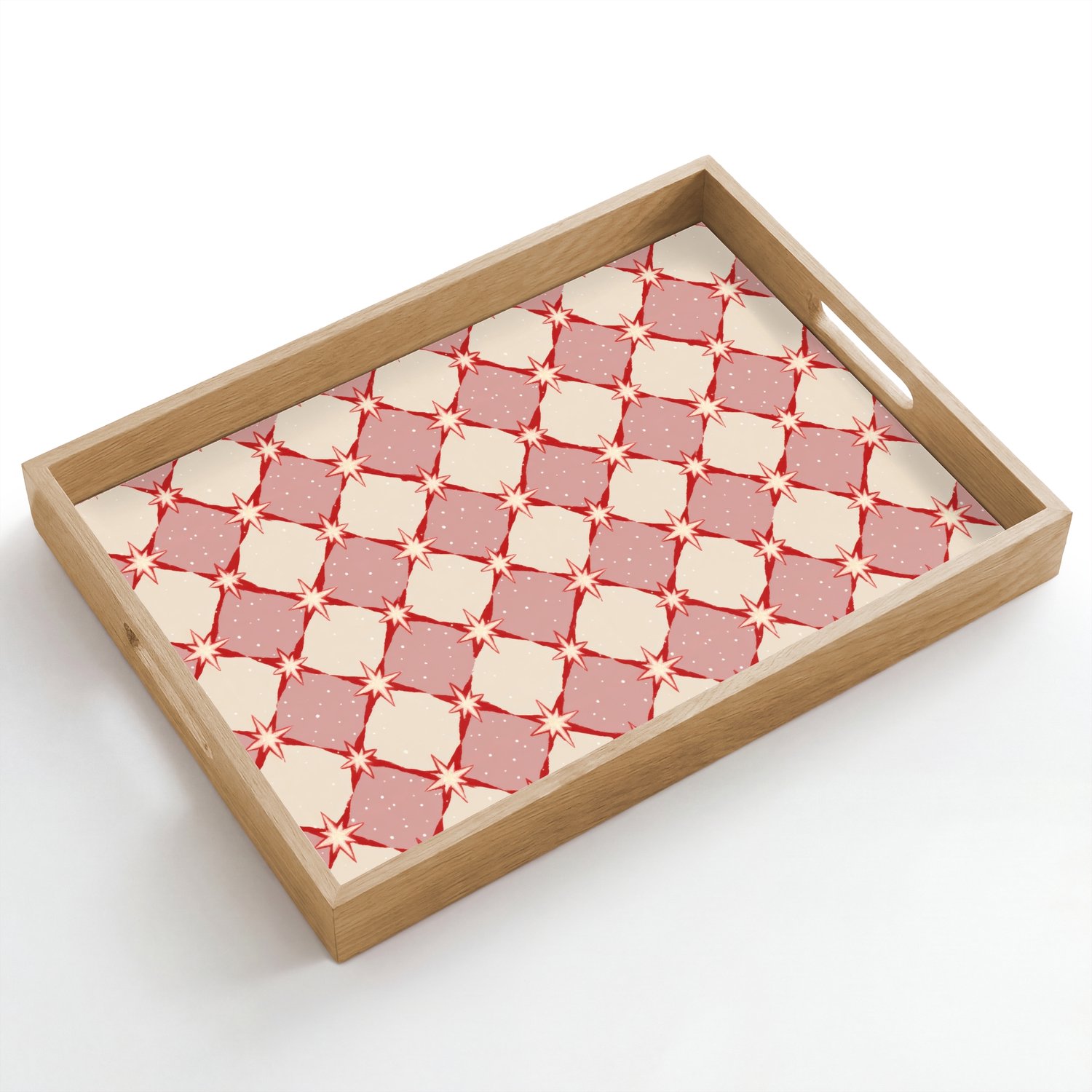 Dienblad hout 50x35 cm - Schootdienblad - Ruiten - Sterren - Vintage - Oudroze - Rood - Borrelplank rechthoek - Plateau dienbladen
