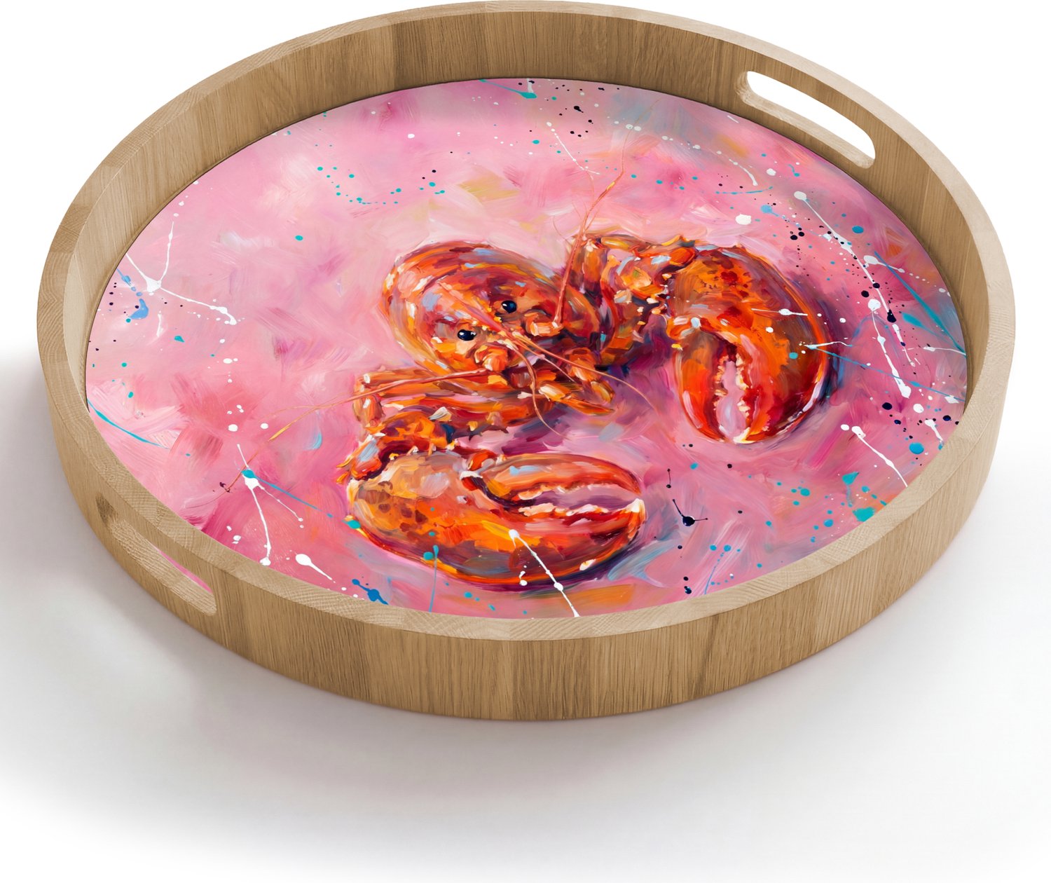 Dienblad rond 50x50 cm - Schootdienblad hout - Zeeleven - Kreeft - Spatters - Abstract - Roze - Borrelplank rechthoek - Plateau houten dienbladen