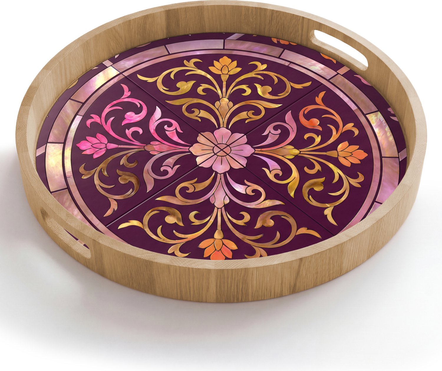 Dienblad rond 50x50 cm - Schootdienblad hout - Patroon - Floraal - Oosters - Paars - Goud - Borrelplank rechthoek - Plateau houten dienbladen