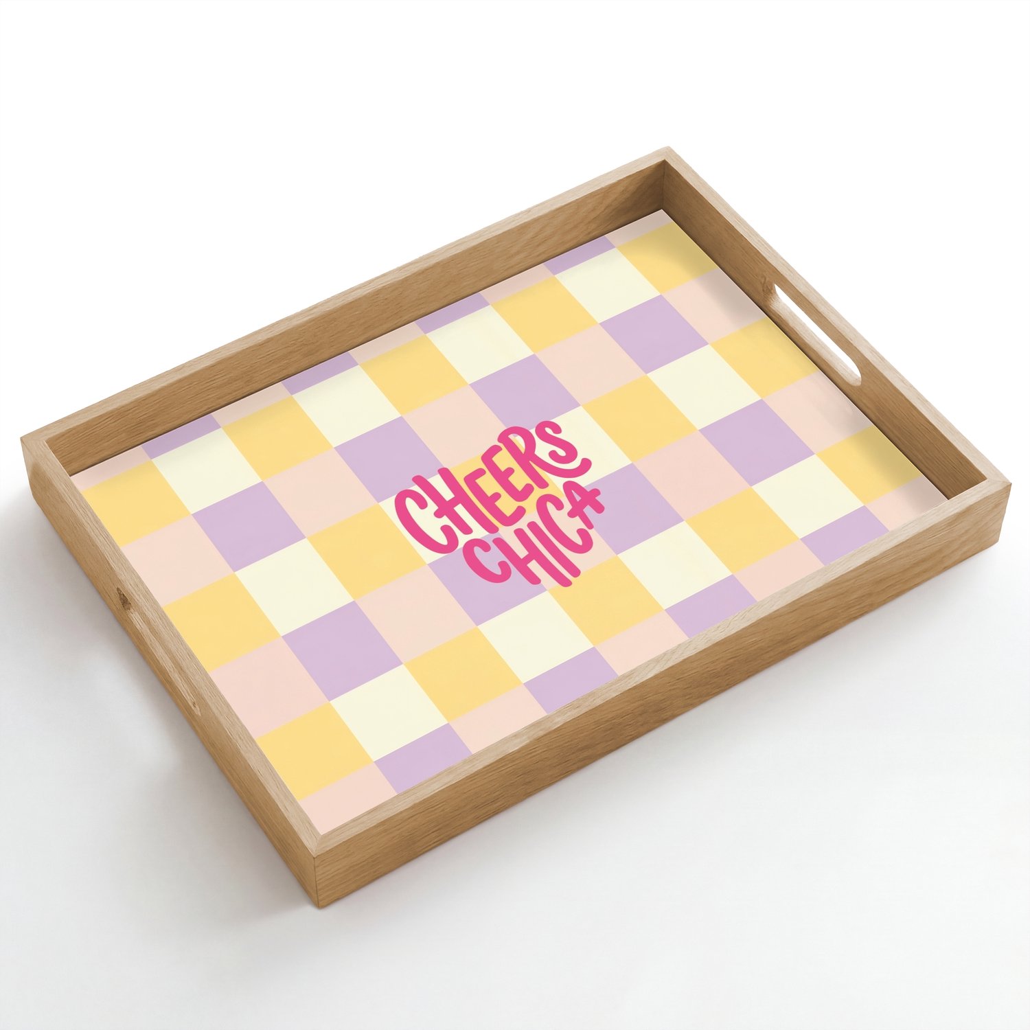 Dienblad hout 50x35 cm - Schootdienblad - Cheers Chica - Ruitjes - Lila - Geel - Borrelplank rechthoek - Plateau dienbladen
