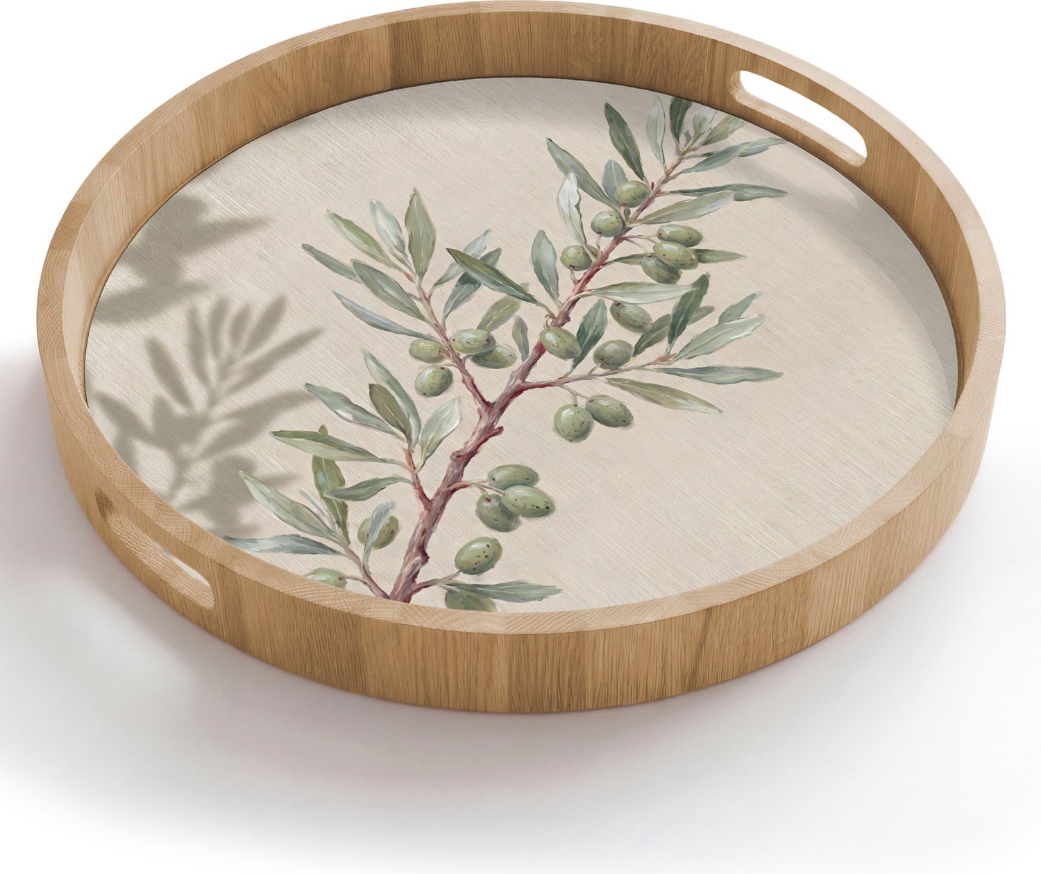 Dienblad rond 50x50 cm - Schootdienblad hout - Olijftak - Bladeren - Natuur - Groen - Beige - Borrelplank rechthoek - Plateau houten dienbladen