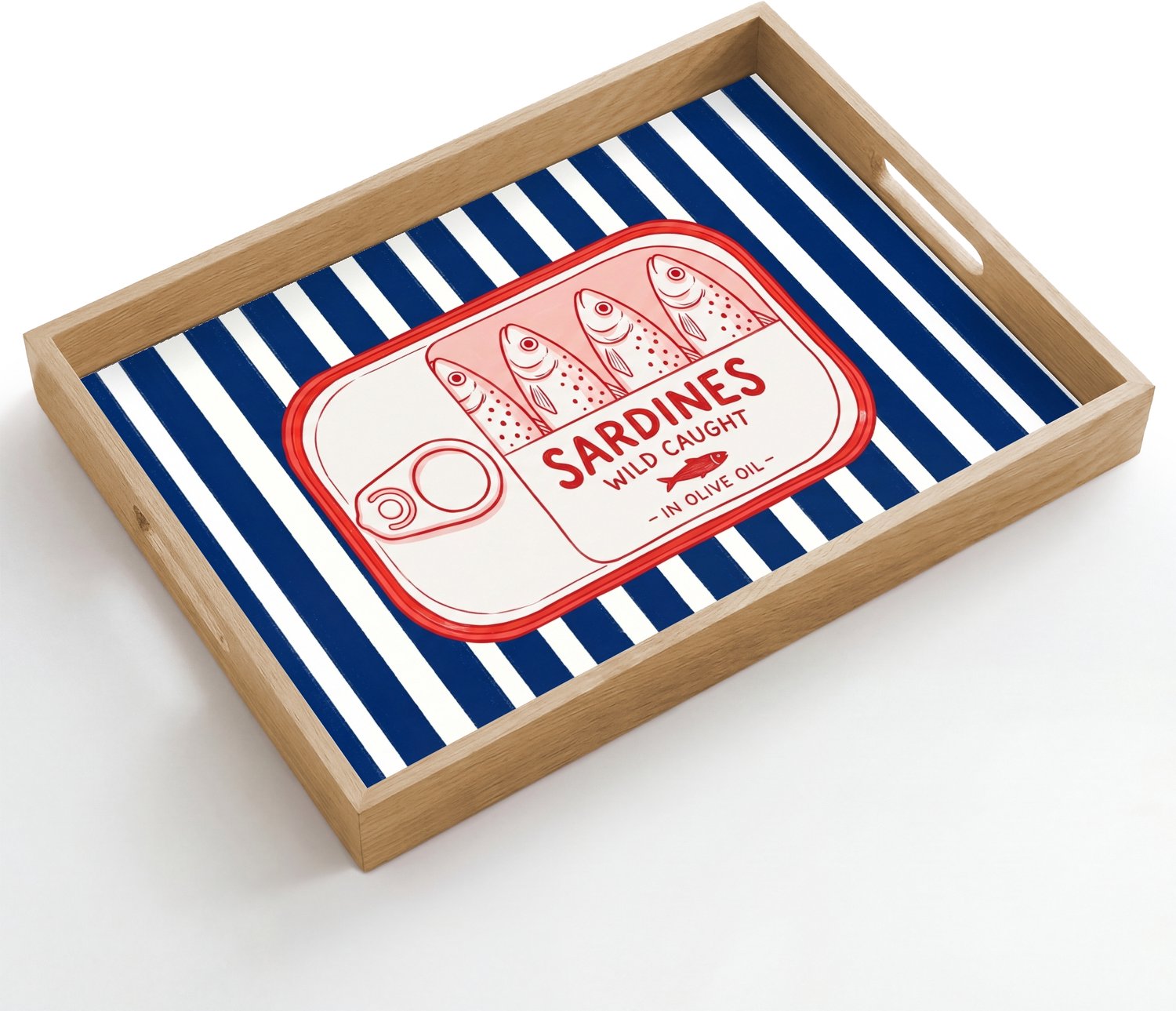 Dienblad hout 50x35 cm - Schootdienblad - Eten - Vis - Blik - Illustratie - Rood - Borrelplank rechthoek - Plateau dienbladen