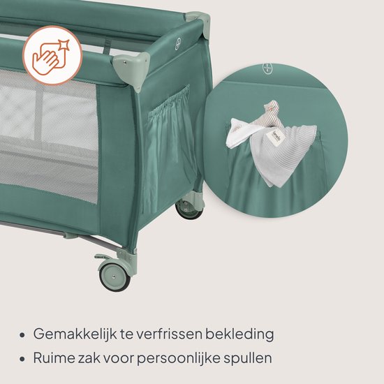 Detail van groen Lionelo reisbedje met opbergvak en wasbare bekleding.