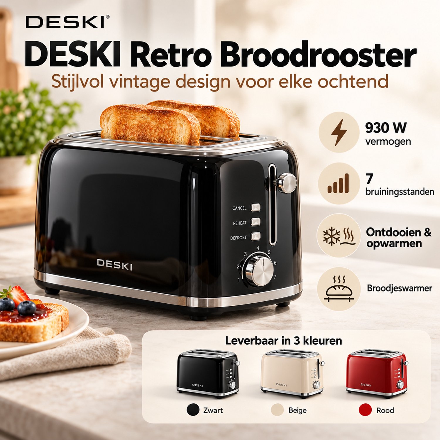 Deski Retro Broodrooster - 930 Watt Toaster voor 2 sneden met 6 Bruiningsstanden in de kleur Zwart