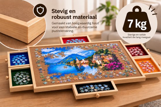 Robuust houten puzzelbord van 7 kg, ontworpen voor een stabiele en duurzame puzzelervaring.