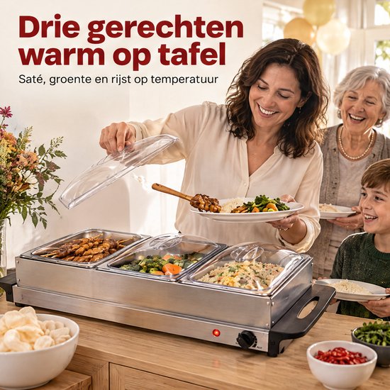 Levano Warmhoudplaat Elektrisch - Buffetwarmer met 3 Bakken - Warmhoudbakken met Deksel - Chafing Dish Elektrisch - Bordenwarmer - Eten Warm Houden - Cateringschaal met Deksel - Warmhoudschalen - Warmhouders Buffet - Catering - Verjaardag — afbeelding 2