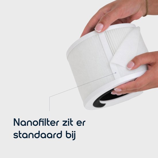 Close-up van handen die het standaard meegeleverde witte nanofilter bevestigen.