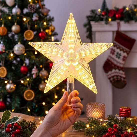 Kerstster Als Piek Voor de Kerstboom, Gouden Kerstboom Piek in de Vorm Van Een Ster, Decoratie op Batterijen Voor Kerstbomen Binnenshuis.