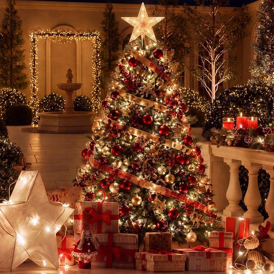 Kerstster Als Piek Voor de Kerstboom, Gouden Kerstboom Piek in de Vorm Van Een Ster, Decoratie op Batterijen Voor Kerstbomen Binnenshuis.