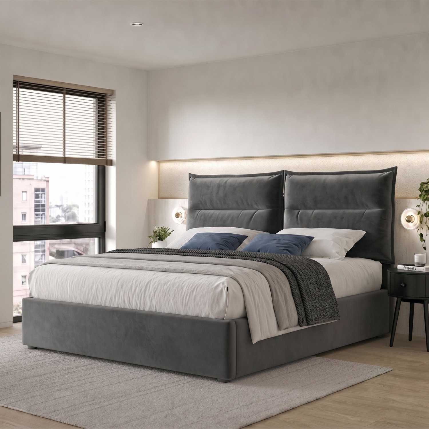 MUVANO Bed met opbergruimte 140x200 - grijs fluwelen tweepersoonsbed - verstelbaar hoofdbord - metalen frame - hydraulische lattenbodem voor slaapkamer