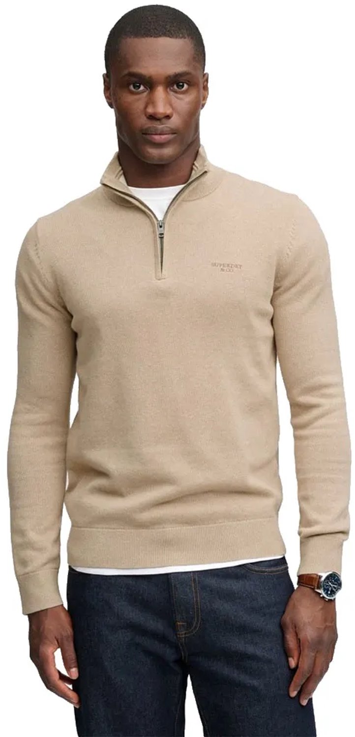Superdry Prep Essential Cotton Half Zip Trui Slanke Pasvorm Heren Sweaters Beige