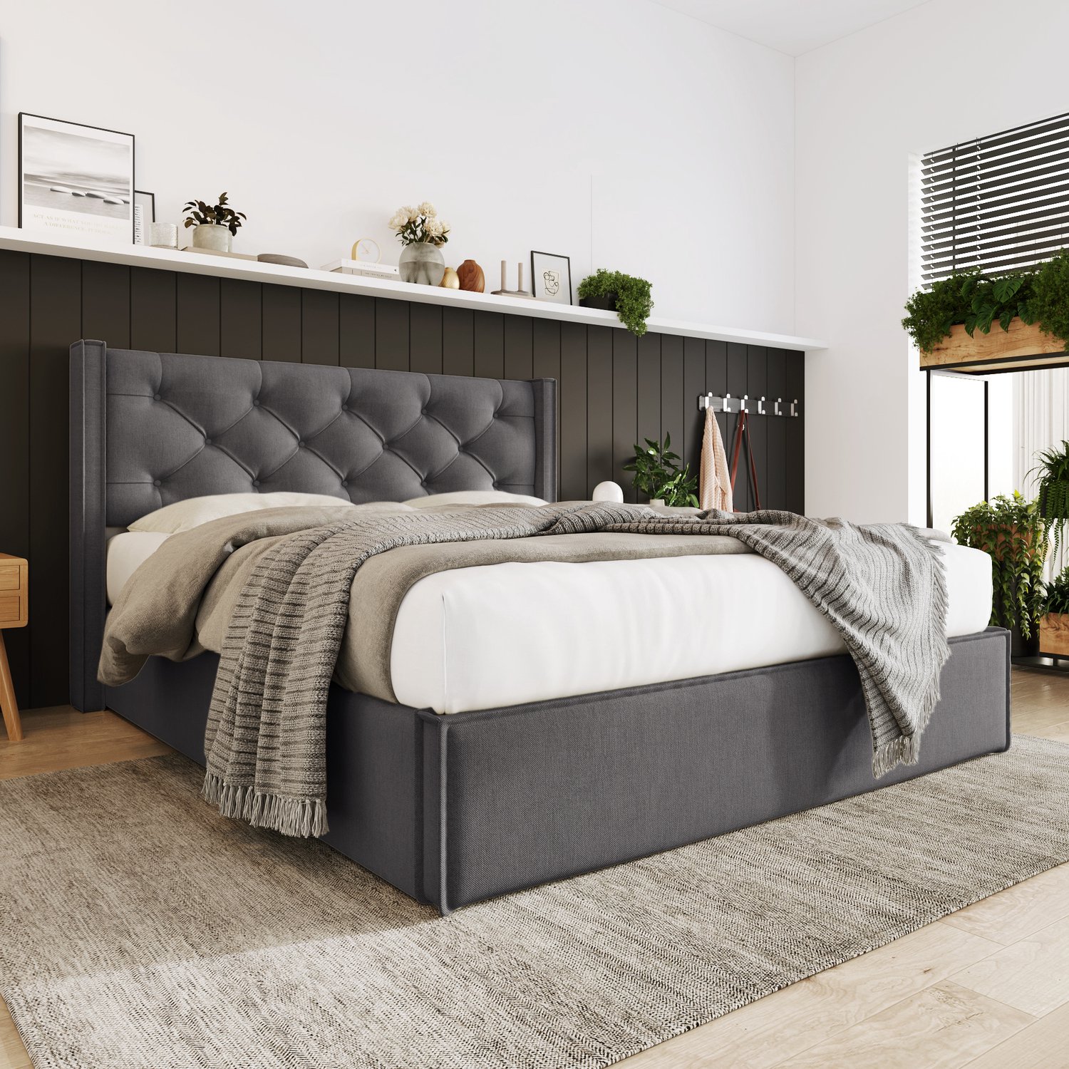 MUVANO Gestoffeerd tweepersoonsbed 140x200 cm - opbergbed met hydraulische lattenbodem, gewatteerd katoenen hoofdbord, grijs voor de slaapkamer