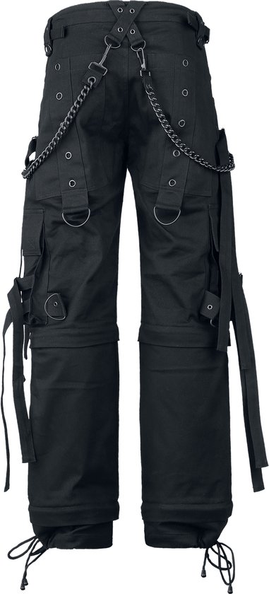 Zwarte Gothicana cargo broek met metalen kettingen, D-ringen, riemen en metalen oogjes.