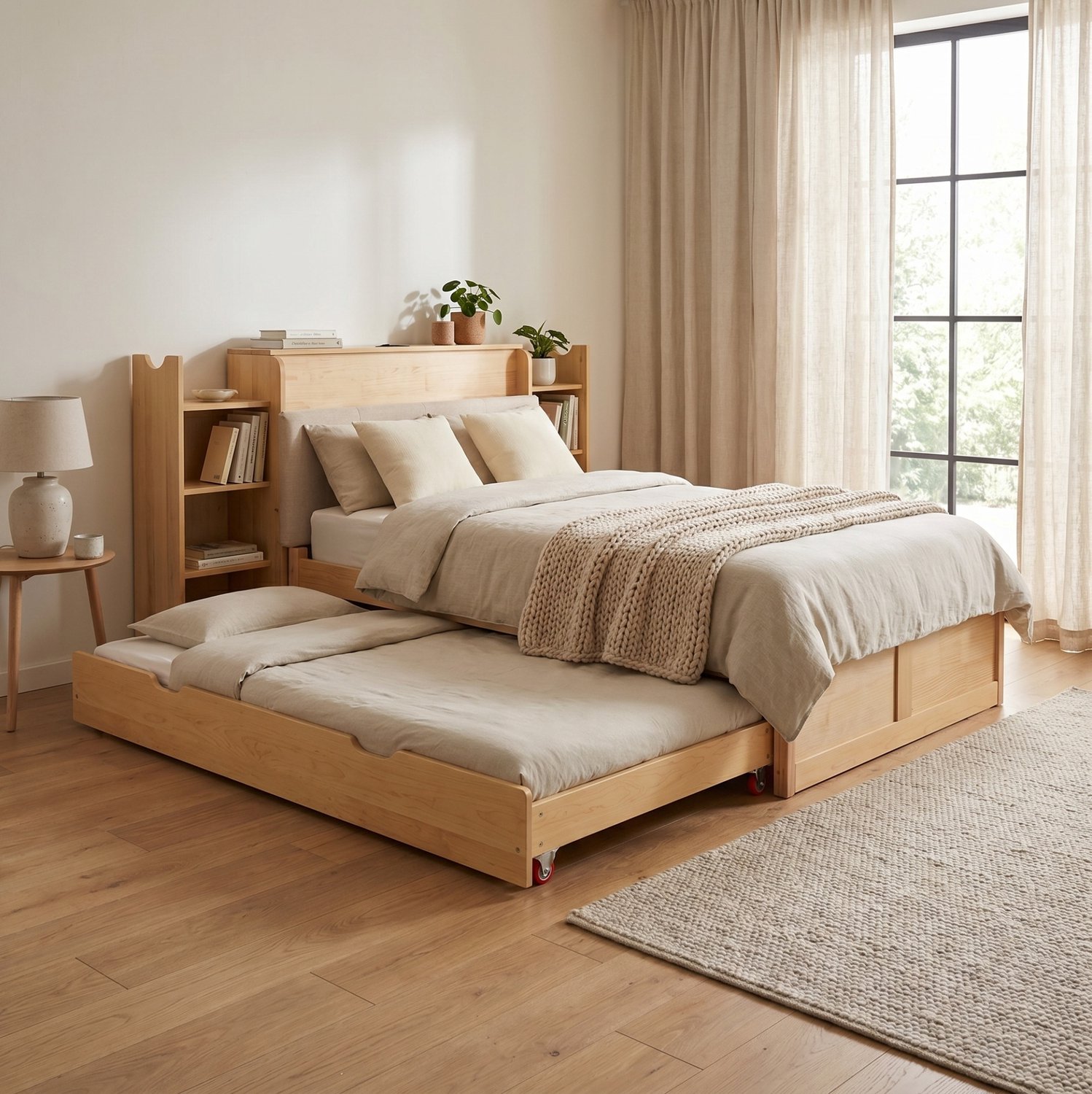 OKWISH Uitschuifbed 90x200 cm tot 180x200 cm - Boekenkast in Hoofdeinde - Op Wielen - Kinder- en Logeerkamer - Hout en MDF - Naturel - Matras Niet Gespecificeerd Naturel houtkleur