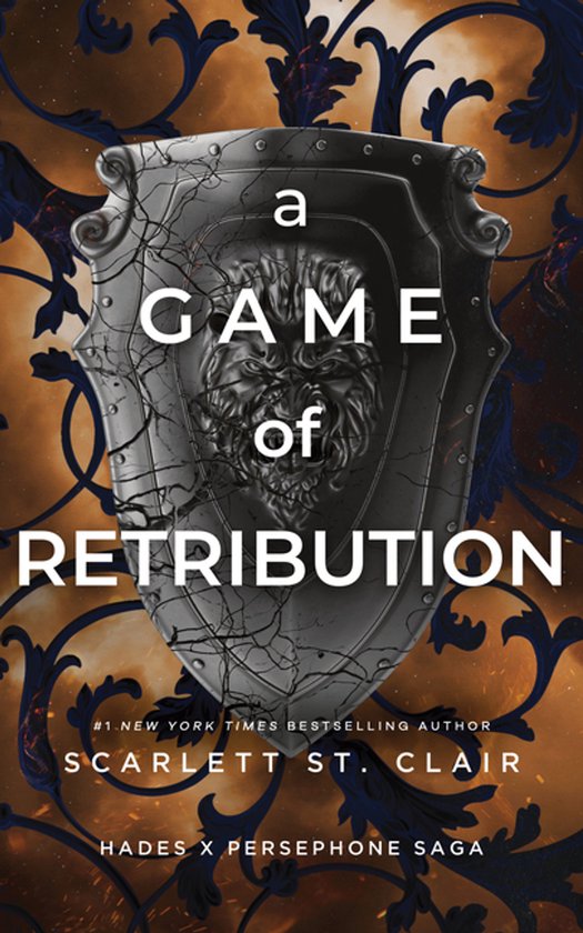 Boekomslag A Game of Retribution met een gebarsten zwart schild met een leeuwenkop op een oranje-zwarte achtergrond.