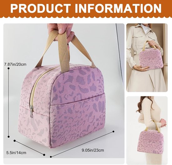 Lunchtas - koeltas voor dames - klein - roze luipaardprint - geïsoleerd - met voorvak — afbeelding 4