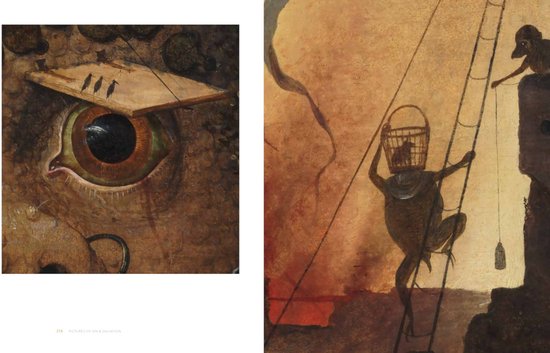 Detailopname van een oog en een figuur die een ladder beklimt met een mand op het hoofd, uit Pictures of Sin & Salvation.