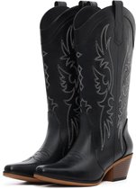 Olanly - Dames cowboylaarzen - Western cowboy middenhoge puntlaarzen - Fijn borduurwerk - Geschikt voor brede voeten - zwart - 39 - Geschikt voor voetlengte van 24,83 cm