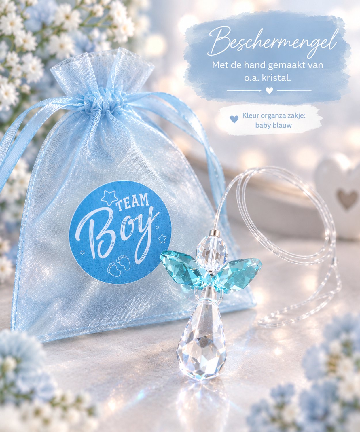 Beschermengeltje Baby blauw, hanger gemaakt van Swarovski kristallen - inclusief roze organza verpakking - gender reveal - baby shower
