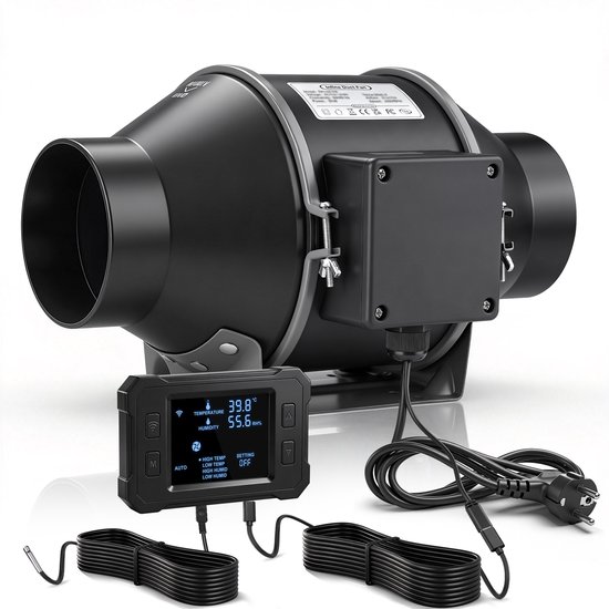 Zwarte inline-kanaalventilator met bijbehorend digitaal display en netsnoer.