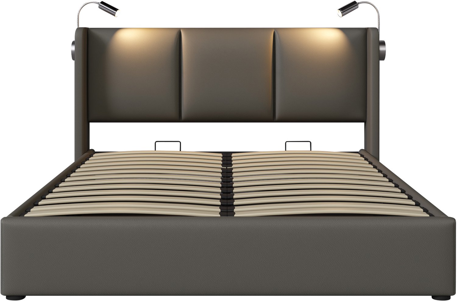 MUVANO Opbergbed 160x200 - Tweepersoonsbed met matras - Leeslamp en USB-laadfunctie - PU kunstleer en metalen frame - Lattenbodem - Slaapkamer grijs