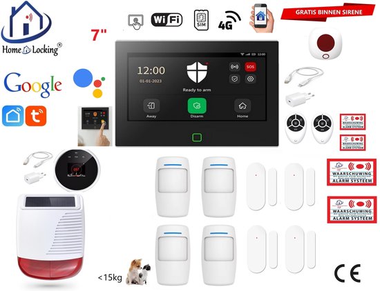 Home-Locking 7-inch alarmsysteem met touchscreen, wifi, 4G, binnensirene, bewegingssensoren, deurcontacten en stickers.