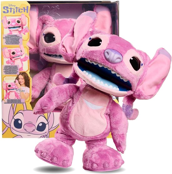 Roze, interactieve Angel-knuffel uit Disney's Stitch met beweegbare mond in verpakking met teksten over haar functies.