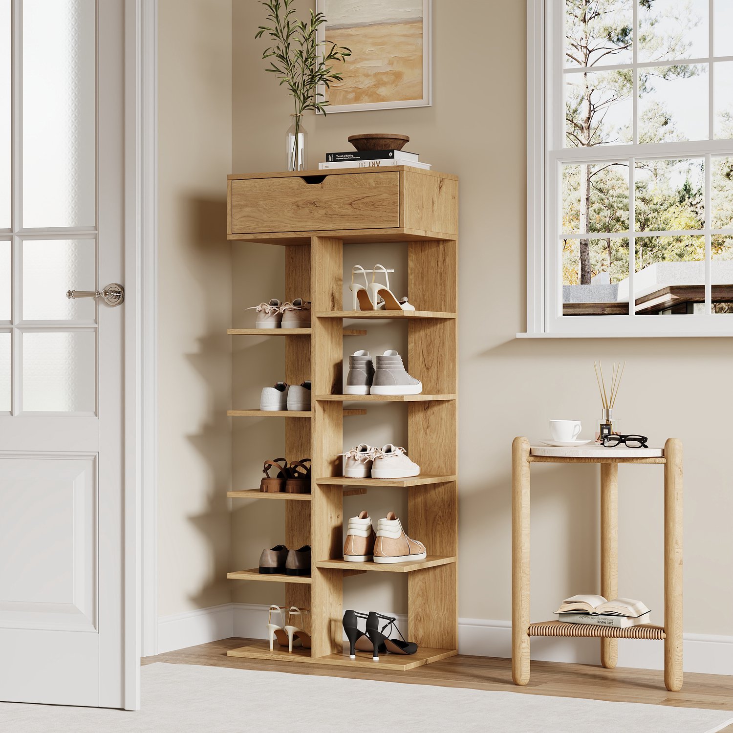 Open schoenenrek met 10 vakken en lade, smalle schoenenkast van spaanplaat, 55 x 33 x 133 cm, naturel houtlook
