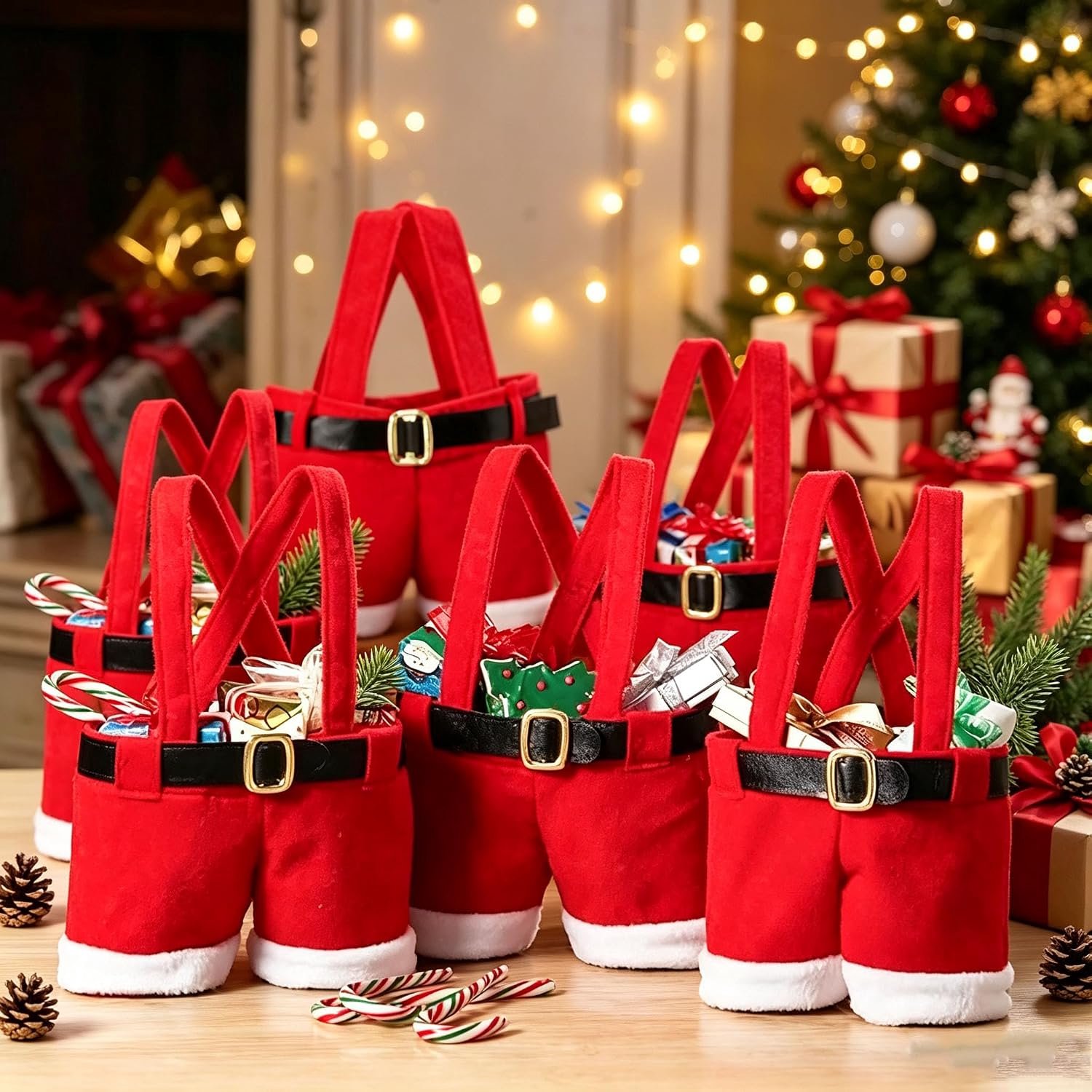 6stuks - kersttassen met handvat - Kerstman Shorts Cadeauzakjes Set - Kerstmis - Decoratieve Cadeauzakken - Kerst cadeauzak - Christmas Candy Bag – Perfect voor Kerst- & Nieuwjaarscadeaus