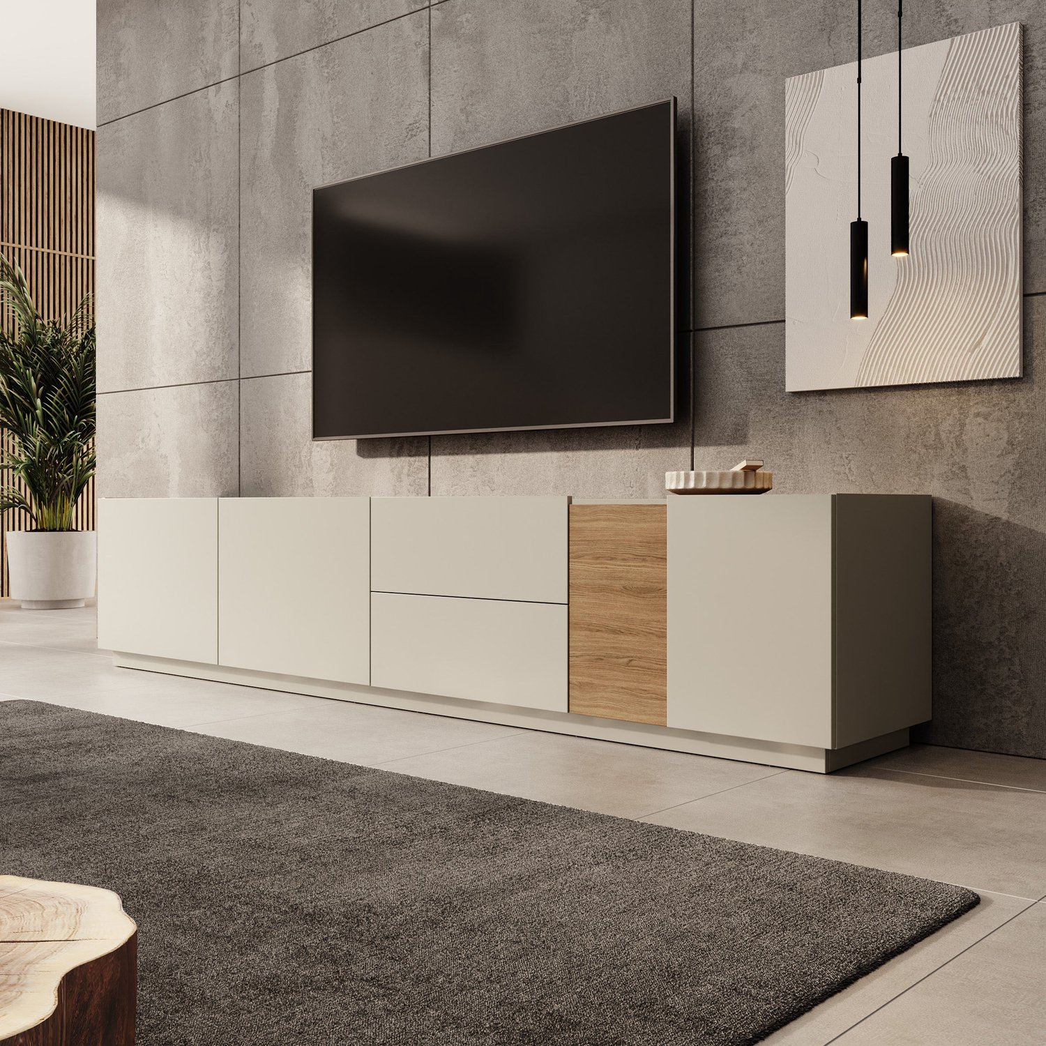 MEUBELLA Lavar - TV-meubel - Grijs/Eiken - 239x41x50 cm Bruin|Grijs