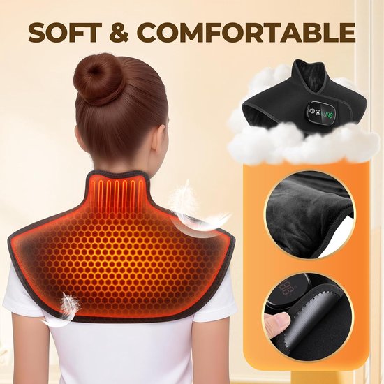 Zacht, zwart schouderverwarmingskussen met tekst "SOFT & COMFORTABLE", oranje honingraatverwarming en gedetailleerde textuur.