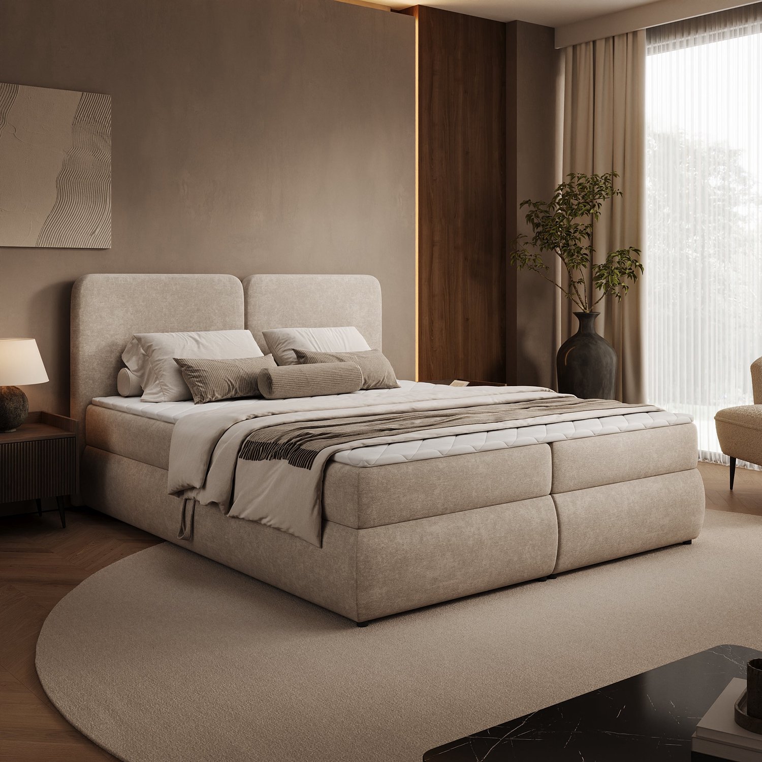 MEUBELLA Novu - Boxspring met opbergruimte - Stof beige - 160x200 cm