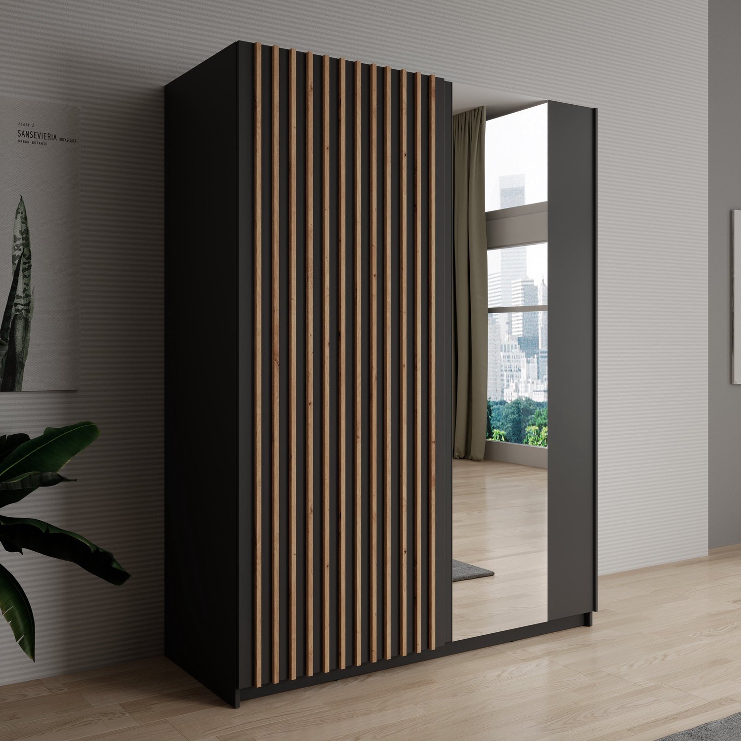 MEUBELLA Kledingkast Deliryon - Zwart - 150 cm - Met spiegel