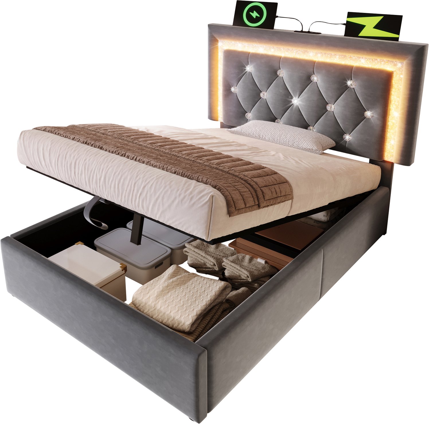 MUVANO Eenpersoonsbed 90x200 cm - Opbergbed met ledverlichting en USB-C - Fluweel met lattenbodem - Hydraulisch hefmechanisme - Voor de slaapkamer - Grijs