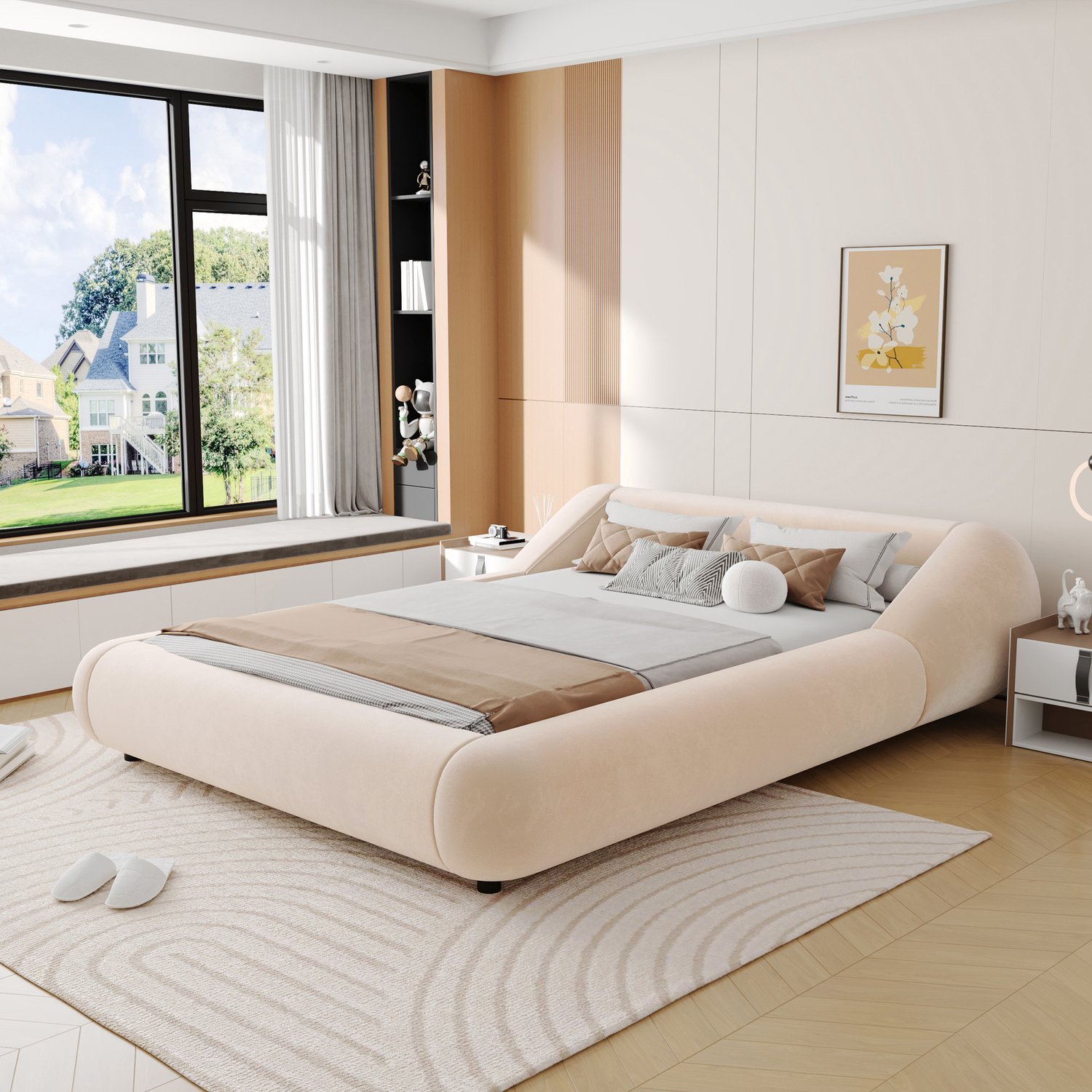 DantefHandels Gestoffeerd tweepersoonsbed 140 x 200 cm met gebogen omrand hoofdbord, zwevend frame en ledverlichting, beige, zonder matras