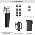 BaByliss tondeuse met zilveren kop en zwart handvat, 8 opzetkammen, oplaadkabel, tasje, olie en borsteltje.