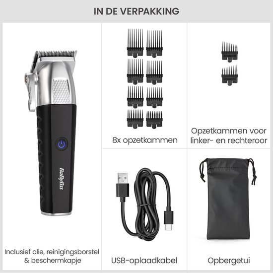 BaByliss tondeuse met zilveren kop en zwart handvat, 8 opzetkammen, oplaadkabel, tasje, olie en borsteltje.