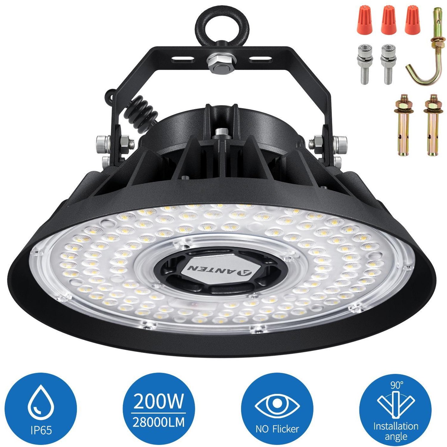 ANTENLICHT UFO LED Industrie Lamp 200W - 34000 LM - 5000K Koud Wit - IP65 - Gegoten Aluminium met 90° Lens - Inclusief Ophanghaak Zwart