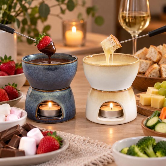 Bellatio Design Chocolade of kaas fondue set - met 2 vorken - creme wit - porselein - voor 2 personen- moederdag - cadeau — afbeelding 4