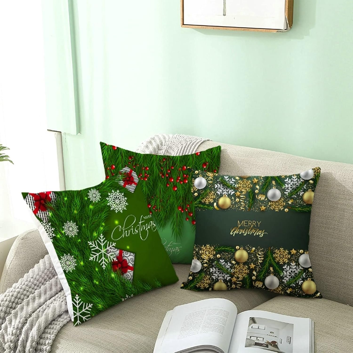 Kerst Kussenslopen Set, Polyester Kussenslopen Groen Bruin Polyester Merry Christmas 45x45cm, 1 Pack – foto 5