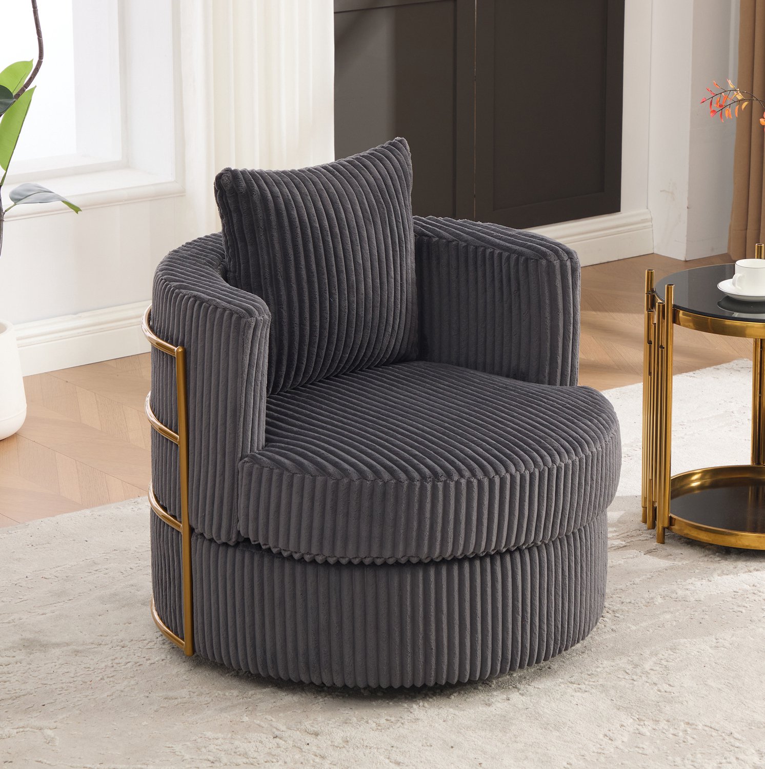 MODFU - Fauteuil - 360° Draaibaar - Opbergruimte Onder De Zitting - Corduroy - Grijs - 79x76x78 Cm