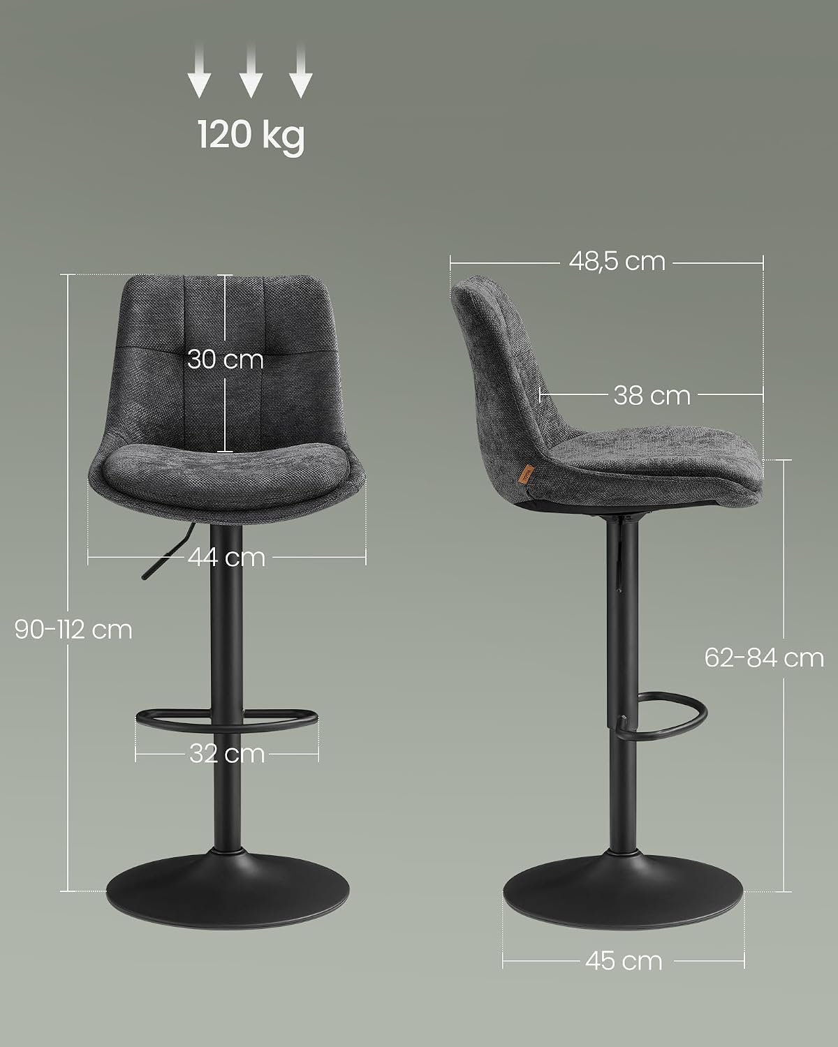 Luxe Industriële Barkrukken Set van 2 – In Hoogte Verstelbaar van 63 tot 84 cm 360° Draaibaar, Zachte Fluwelen Bekleding Ergonomische Rugleuning, Comfortabele Dubbele Zitting, Verchroomd Stalen Onderstel en Voetensteun, Leigrijs, 43 x 48,5 x 63-84 cm
